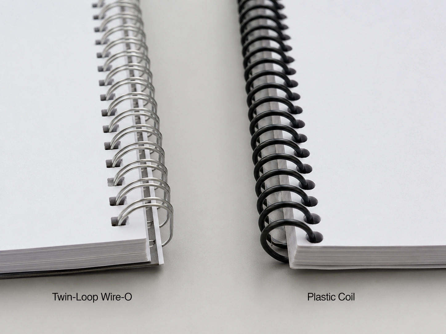 Visual representation of Twin-Loop Wire-O versus Plastic Coil binding spines side by side
